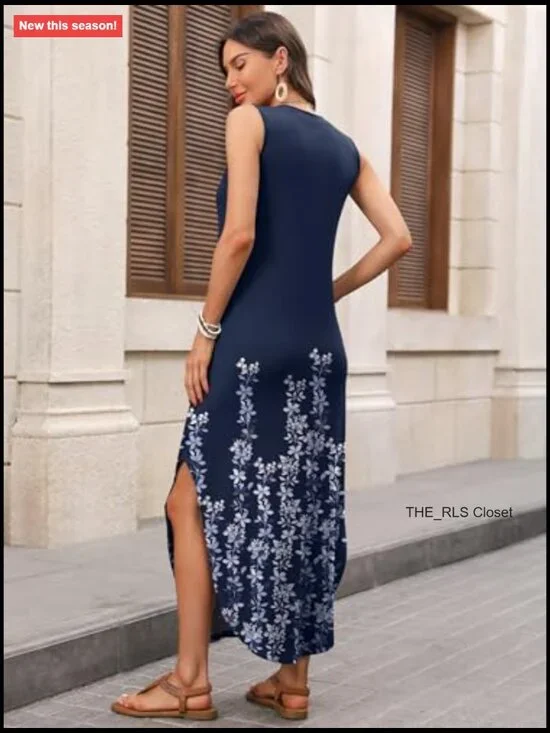 Maxi Dress with Pockets, V Neck, Sleeveless, Loose Fit, Rayon Polyester Blend - Picture 5 of 7